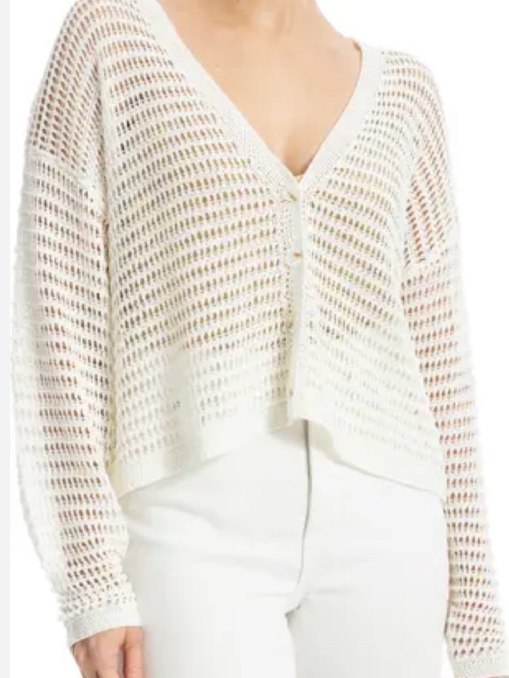 Max Studio Open-Knit V-Neck Button Cardigan in Cream